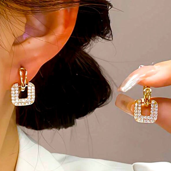 Cubic Zirconia Gold Square Earrings - Picture 2 of 8